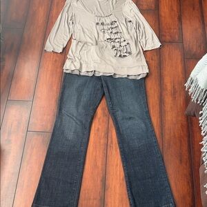 Chico Taupe Ruffle Front Top with Chico Dark Wash Jeans